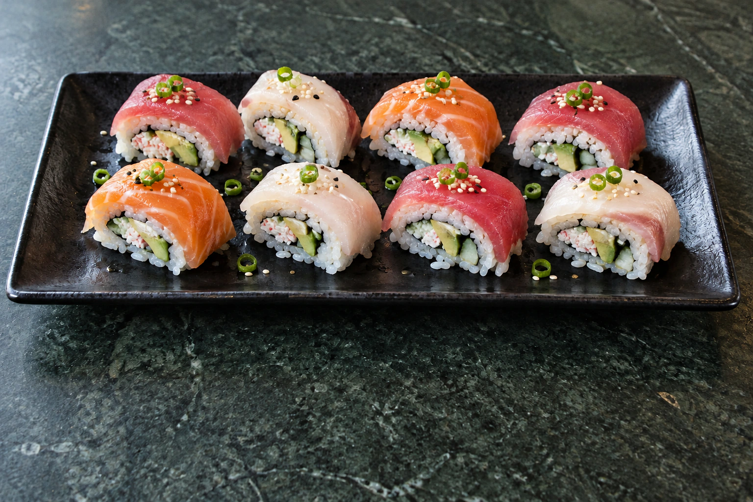 Generated illustration of a hand-cut Rainbow Roll on a simple dark ceramic plate.
